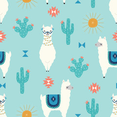 wektor bez szwu dzieci wzór słodkie Lamy z kaktusa, słońca i geometryczne kształty na niebieskim tle - 258093904