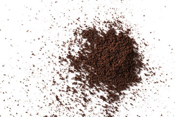Milled, ground coffee powder isolated on white background, top view