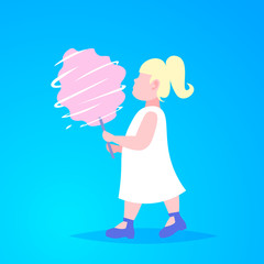little girl eating pink candy-floss cute child walking city park having fun female cartoon character full length blue background flat