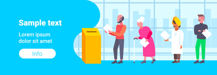 election day concept different occupations voters casting ballots at polling place during voting mix race people putting paper ballot in box full length flat horizontal copy space