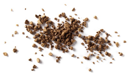 Instant coffee granules, isolated on white background, top view