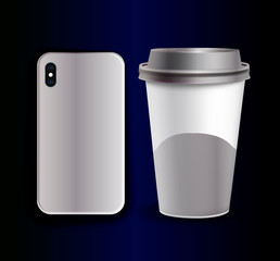 Mock-up vector plastic cup for coffee and a stylish cover for the smartphone. Stylish glossy metallic design for your brand.