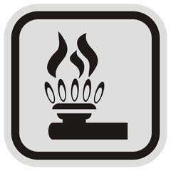 Burner, flame, vector icon at gray and black frame. Symbol for fire hazard.