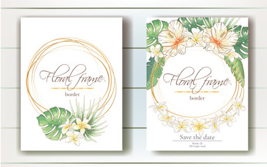 Vector delicate invitation with hibiscus and plumeria flowers and palm leaves for wedding, marriage, bridal, birthday, Valentine's day. Floral border with sketch colorful blossoms.
