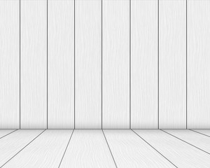 White wooden box design. Wall and floor from realistic wooden planks. 3D images vector.