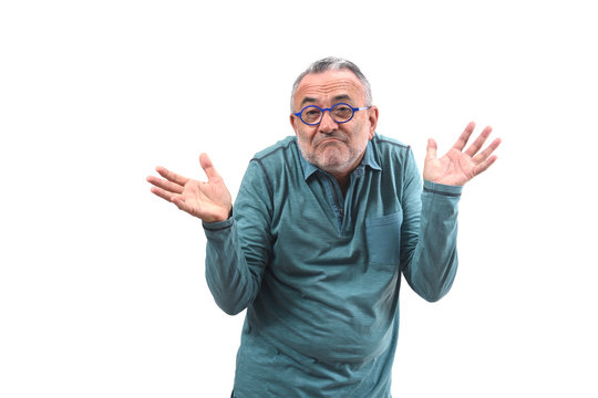 man with doubt or confused expression on white background