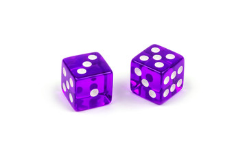 Two purple glass dice isolated on white background. Three and five.
