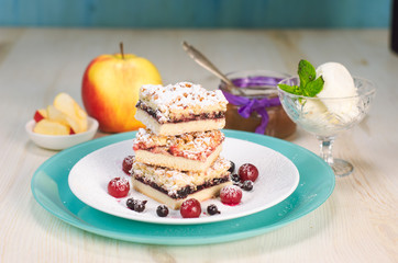 Still life on the table. Sweet cake and a hot drink .