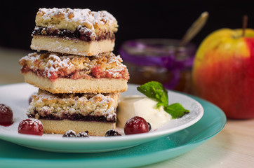 Still life on the table. Sweet cake and a hot drink .