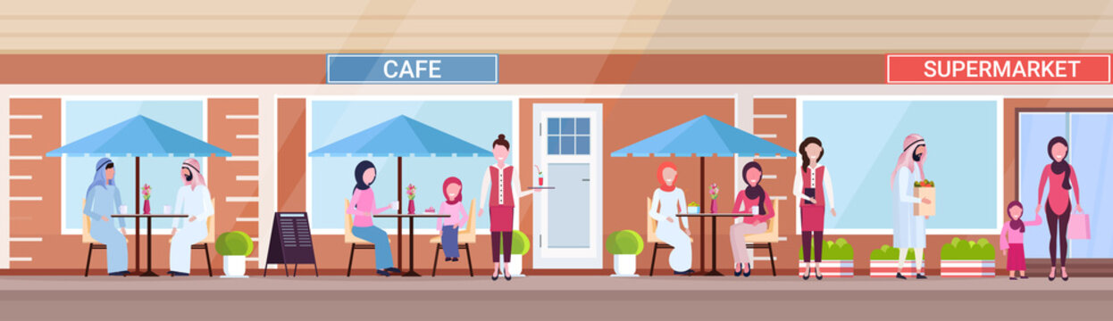 arabic people visitors sitting summer cafe shop arab customers holding purchases in front of supermarket exterior urban street concept horizontal banner full length