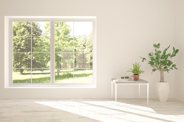 White stylish empty room with summer landscape in window. Scandinavian interior design. 3D illustration