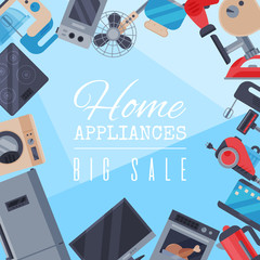 Home appliances poster flat illustration vector. Modern technology house machine equipment. Domestic appliance automation device. - obrazy, fototapety, plakaty