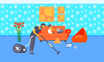 Fototapeta premium father cleaning floor with vacuum cleaner while little girl playing with cat on sofa family spending time together housekeeping concept living room interior full length horizontal