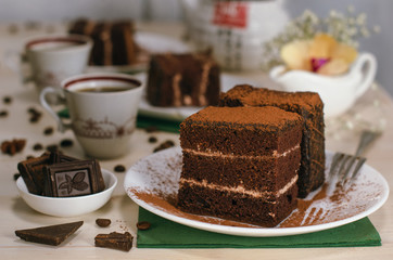 Still life on the table. Sweet cake and a hot drink . chocolate cake .