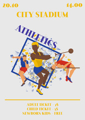 Competition poster. Athlete man vector illustration. Exercising male in different poses. Man figures are training. City stadium. Date and time of event. Jumping and shot putting.