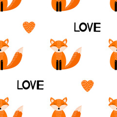 Seamless pattern with cute fox, hearts and words Love on the white background.