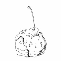 Ice cream ball in sweet syrup with cherry in doodle style for menu design