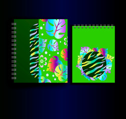 Bright creative design for the cover of notebook planners - tropic style. Exotic tropical neon leaves and animal print pattern. Vector mock-up notepad on spring.