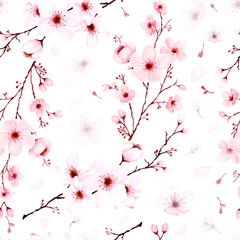 Seamless pattern with watercolor cherry blossom branches hand painted.