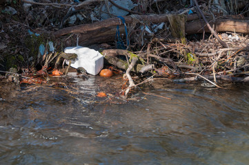 Plastic and foam garbage floating on the surface of the river