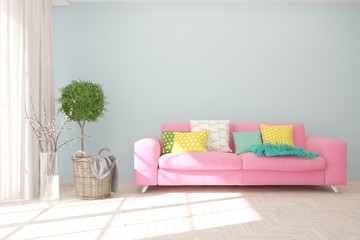 White stylish minimalist room with colorful furniture. Scandinavian interior design. 3D illustration
