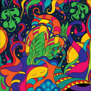 Abstract illustration in the style of doodling with elements of nature and plants.