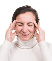  Healthcare, stress and headache concept. Stressedl woman touching temples over white background