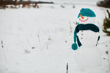 A funny snowman is in the snow