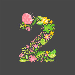 Floral summer Number 2 two. Flower Capital wedding Uppercase Alphabet. Colorful font with flowers and leaves. Vector illustration scandinavian style