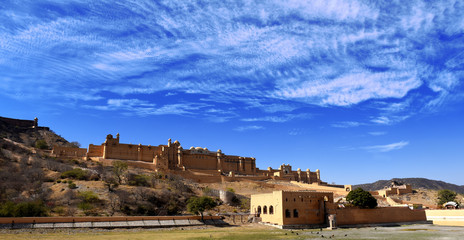panorama view to massive Amer Amber Fortress and Palace,  Jaipur, Rajasthan, India