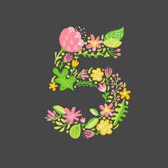 Floral summer Number 5 five. Flower Capital wedding Uppercase Alphabet. Colorful font with flowers and leaves. Vector illustration scandinavian style