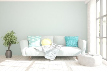 White stylish minimalist room with sofa. Scandinavian interior design. 3D illustration