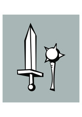 Spiked Mace and sword. Set for logo or illustrations