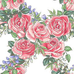 Seamless pattern with sketch colorful blossoms. Wallpaper with hand drawn roses and leaves. Vector illustration