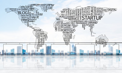 Concept of global communication and networking with world map over cityscape