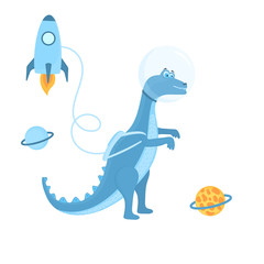 Dinosaur astronaut in space is a cartoon character. Rocket.