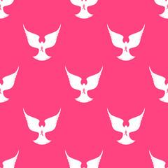 National Breast Cancer Awareness Month. Flying dove with pink ribbon seamless pattern.