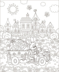 Rabbit driving a small toy truck with a big decorated Easter egg, black and white vector illustration in a cartoon style for a coloring book