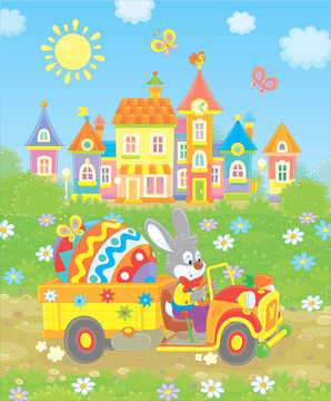 Grey rabbit driving a small toy truck with a big colored Easter egg, vector illustration in a cartoon style