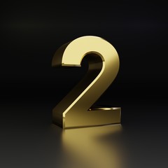 Golden number 2. 3D render shiny metal font isolated on black background