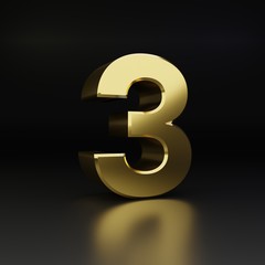 Golden number 3. 3D render shiny metal font isolated on black background
