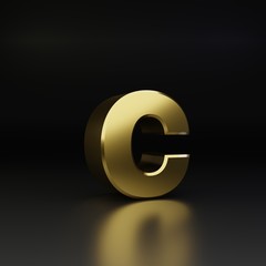 Golden letter C lowercase. 3D render shiny metal font isolated on black background