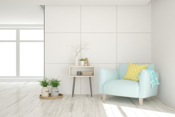White cozy minimalist room with armchair. Scandinavian interior design. 3D illustration