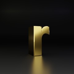 Golden letter R lowercase. 3D render shiny metal font isolated on black background