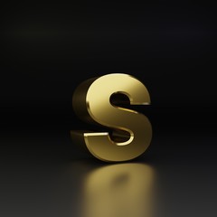 Golden letter S lowercase. 3D render shiny metal font isolated on black background
