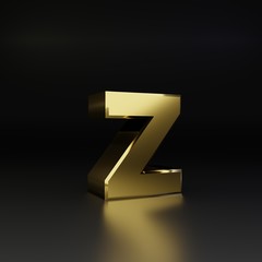 Golden letter Z lowercase. 3D render shiny metal font isolated on black background
