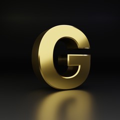 Obraz premium Golden letter G uppercase. 3D render shiny metal font isolated on black background