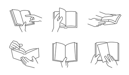 Hands holding open book icons. Vector editable line.