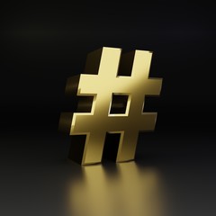 Obraz premium Golden hashtag symbol. 3D render shiny metal font isolated on black background