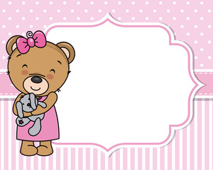 Fototapeta premium Baby girl shower card. Cute bear with teddy. Space for text